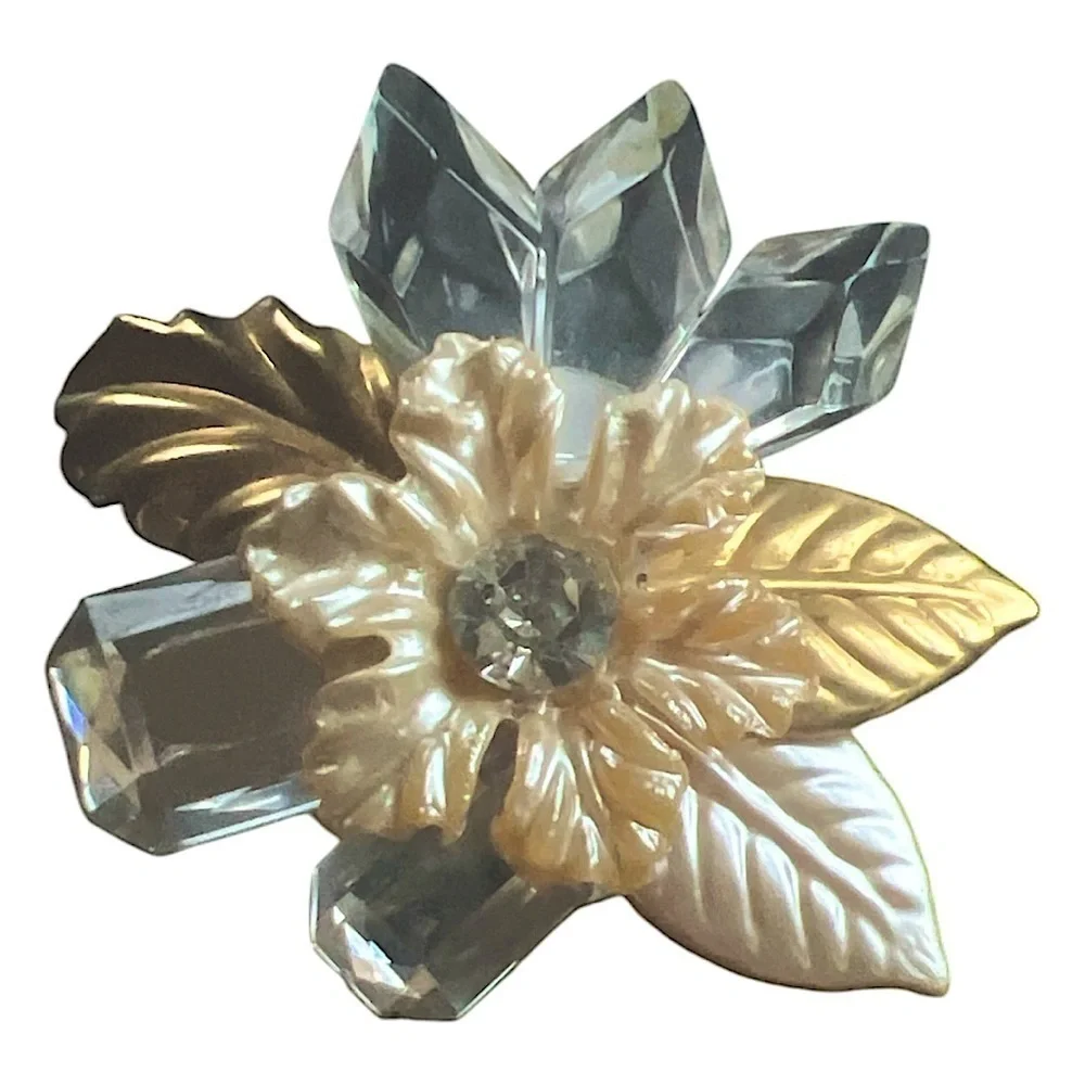 Vintage Statement Brooch Pin Trendy Pearl Flower Gold Leaves Clear Crystal Stone